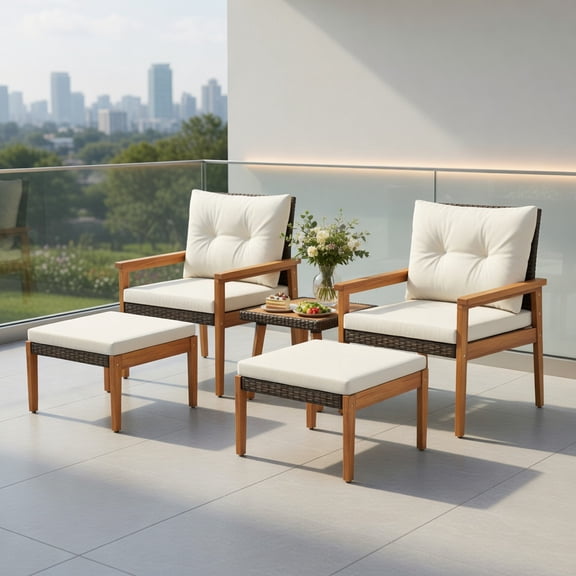 YYAo Patio Seating Groups,Outdoor Living Room Sets,5 Piece Rattan Furniture Set with Square Coffee Table-White