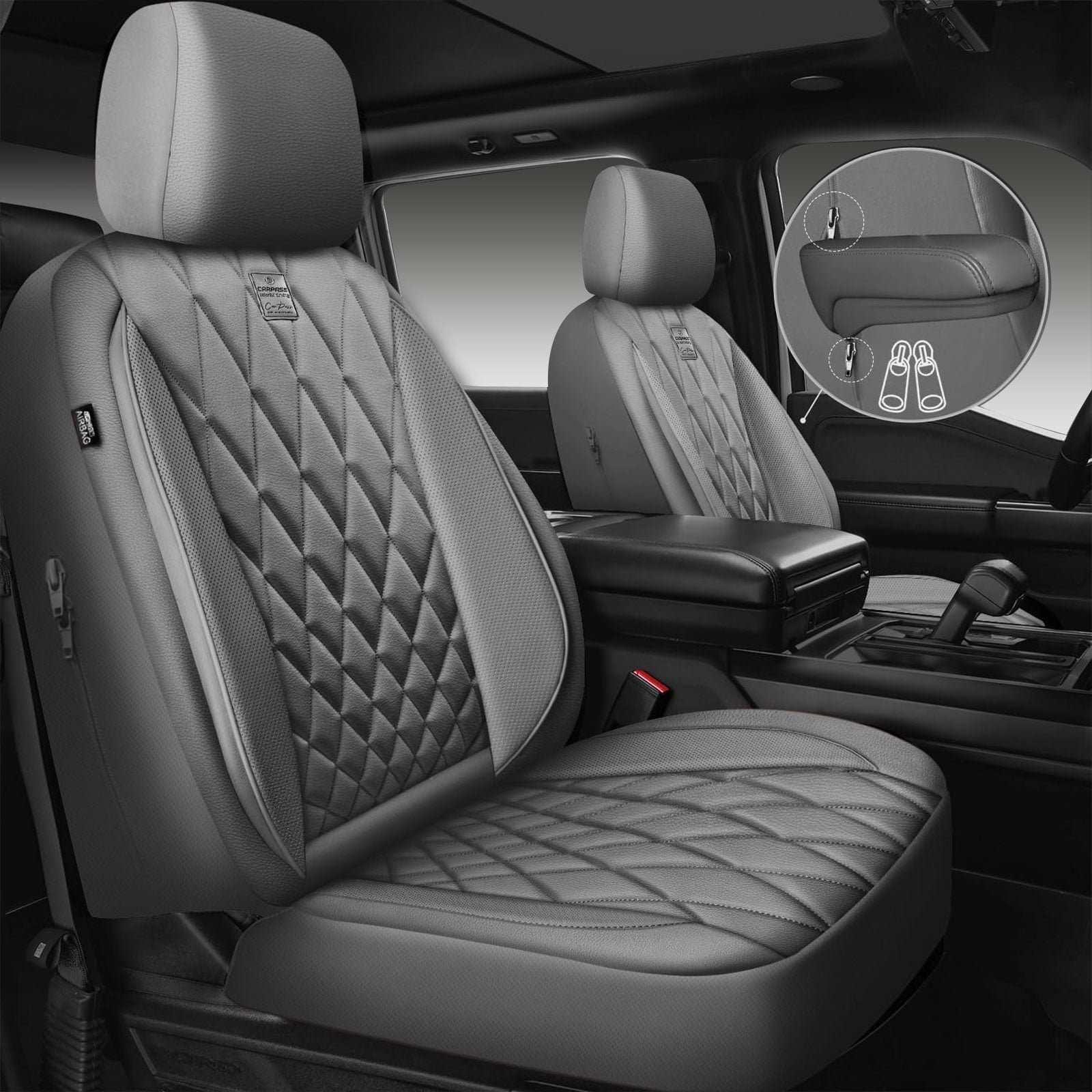 CAR GRAND Piping Luxury Faux PU leather Full Set Car Seat Covers Water Proof Armrest Airbag Compatible Universal Fit SUV VAN Truck All gray