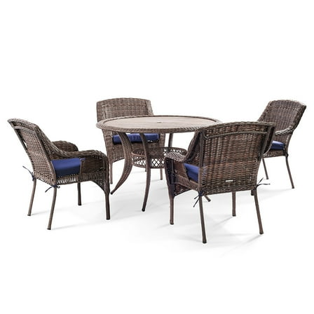 Krikacy Patio Dining Set for 4 Rattan HDPE Hand-Woven Chairs with HIPS Tabletop Round Table, Blue