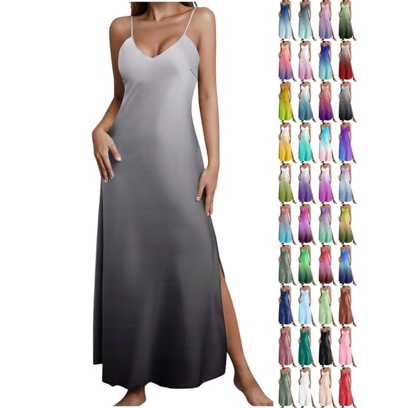 Xaqiouau Womens Satin Sleep Dress Spaghetti Strap V Neck Sleeveless Maxi Nightgown Soft Lightweight Flowing Long Nightdress for Summer Beach Vacation