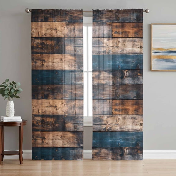 Vintage Wooden Sheer Curtains 72 Inch Length 2 Panels Set, Farmhouse Retro Shabby Wood Voile Window Treatment Rod Pocket Curtains Sheers Drapes for Bedroom/Living Room/Kitchen 52"x72"x2