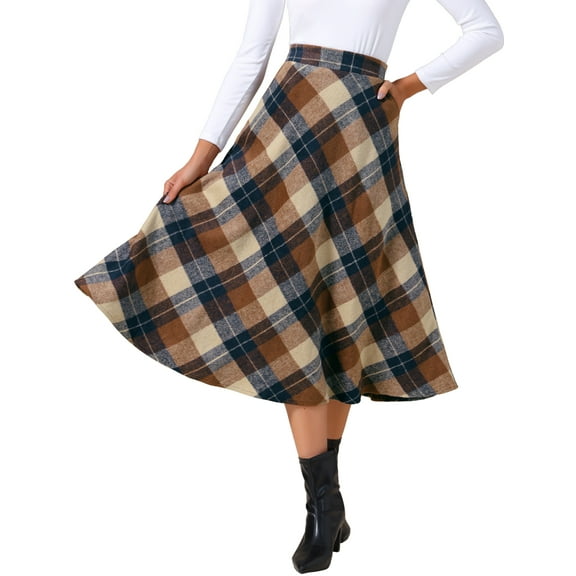 INSPIRE CHIC Women's Vintage Plaid High Waist A-Line Long Maxi Skirt with Pockets XS Khaki