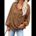 thumbnail image 3 of Sudadera con Capucha y Botones para Mujer, con Cuello en V, Larga y Cordón Ajustable. Camisetas Henley. Caqui XL, 3 of 8