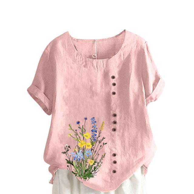 Pisexur Hauts en Coton et Lin Grande Taille pour Femmes, Décontractés, Été, Boho, Mode, Coupe Ample, Col Rond, Manches Courtes, T-Shirts Floraux pour Femmes P-5TG Rose