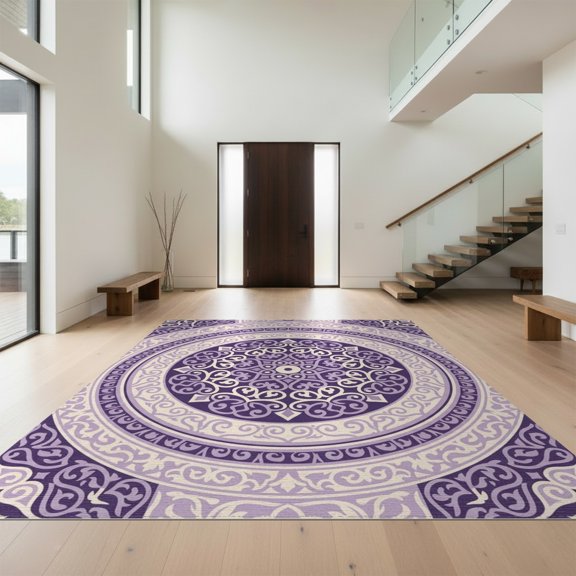Design&I 8'x10' Washable Area Rug Extra Large Skid-Resistant Low Profile Purple Interlocking Para Scrollwork Bedside Inspired Alfombras for Living Room, Family