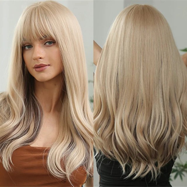 Pelucas rubias degradadas rizadas con flequillo para mujer, cabello sintético Natural, largo y ondulado, suave y cómodo, resistente al calor, para fiesta