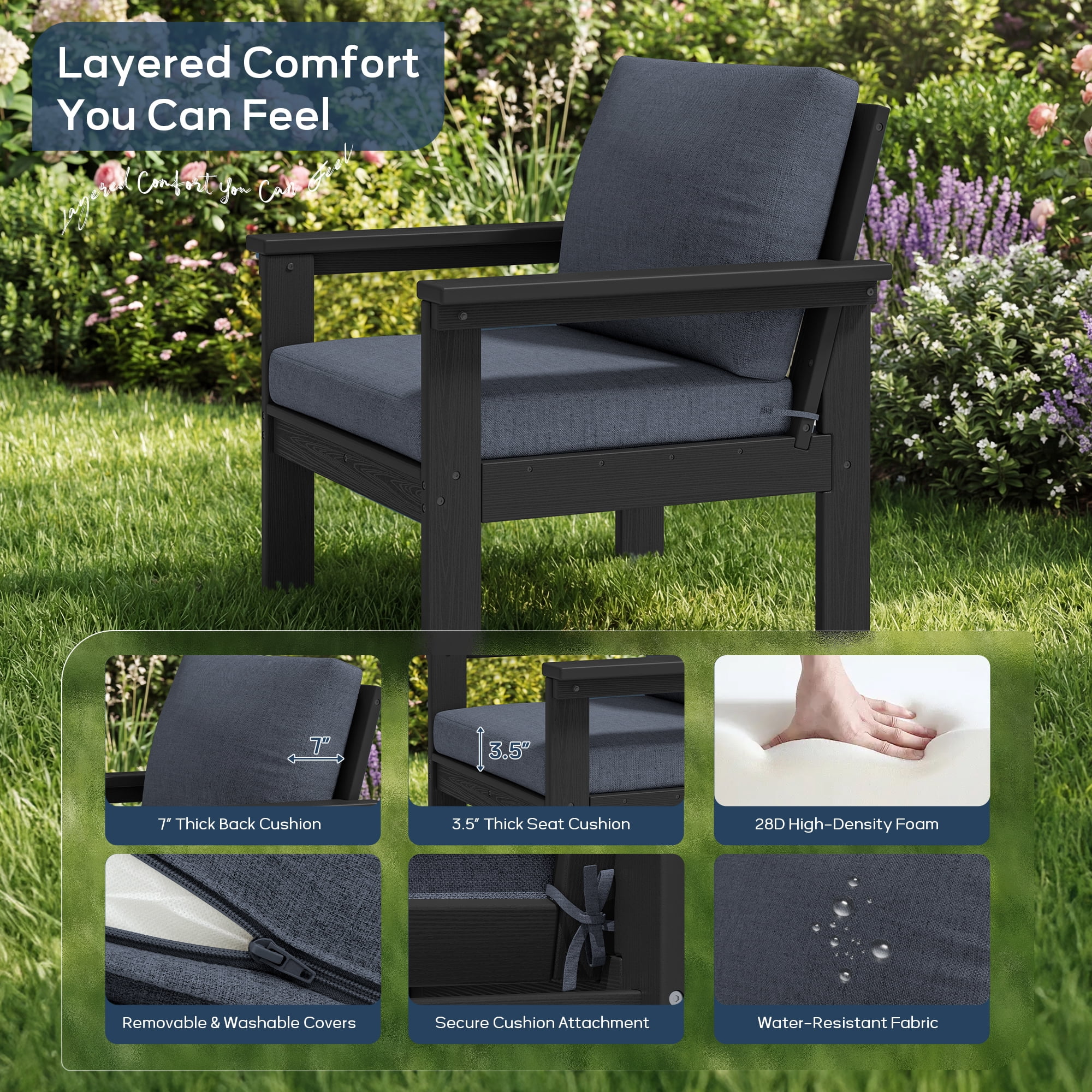 SERWALL Outdoor Patio Furniture Set, 6-Piece HDPE Outdoor Sofa Set Patio Conversation Set, Black Frame with Grey Cushions