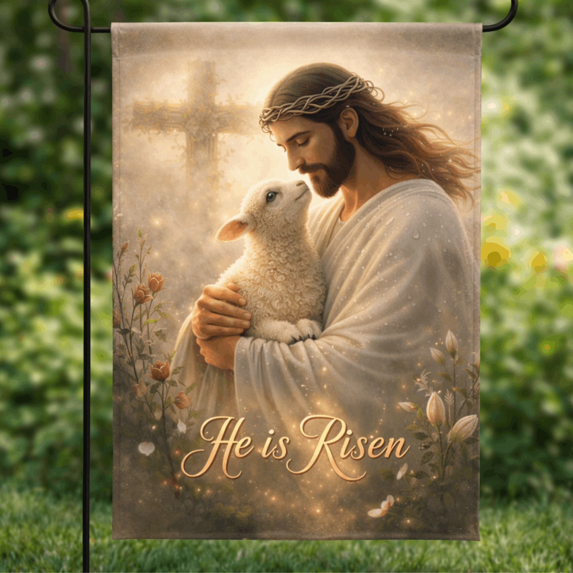 Lotusprint LLC 2D Print He Is Risen Polyester Garden Flag 12x18 inches, Lamb Christian Religious Yard Decor