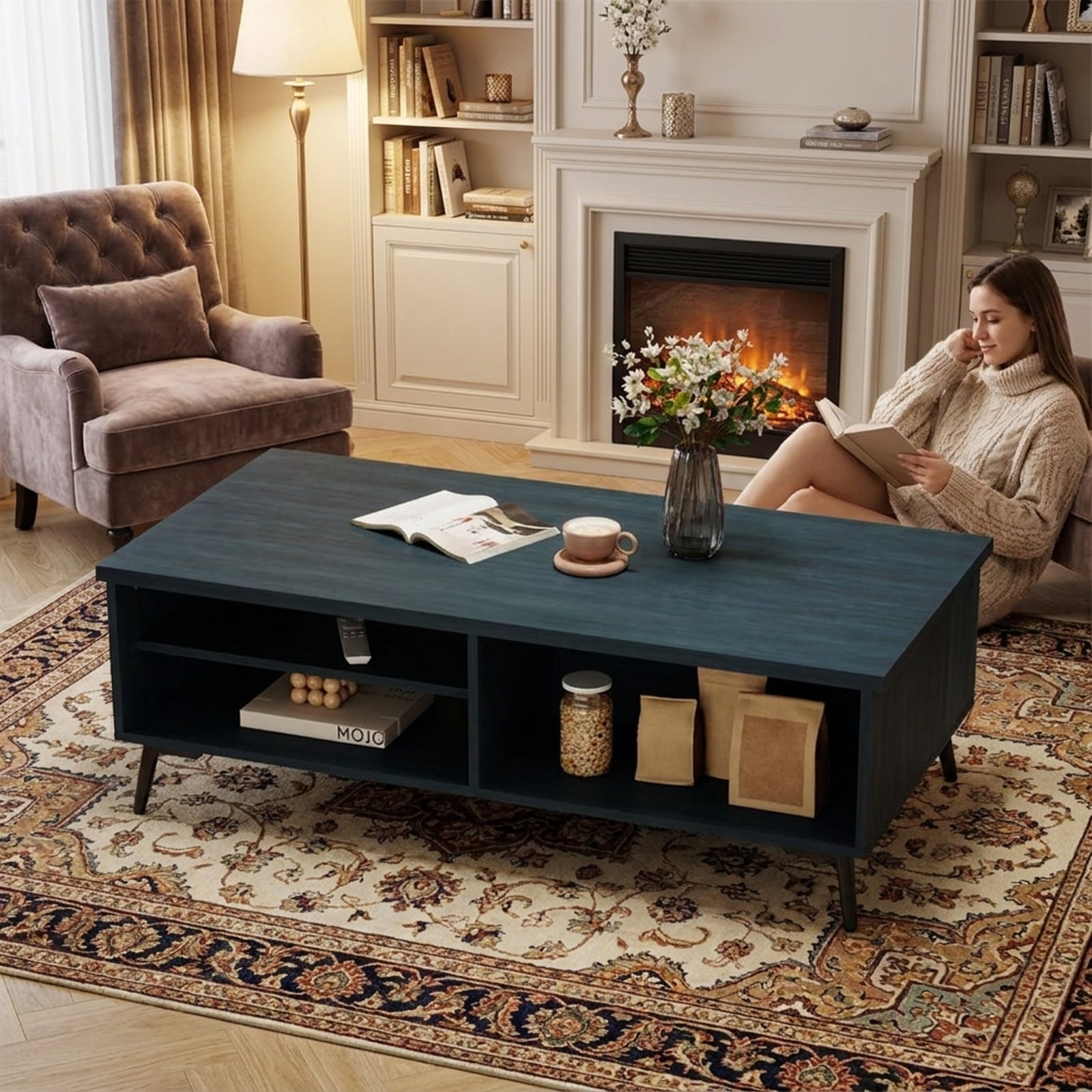 Furnibear 2-Tier Mid Century Modern Coffee Table with Storage Shelves Compartments - Blue - Living Room Cocktail Center Table