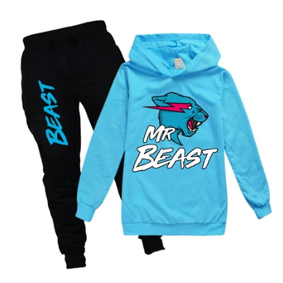 7-14 Ans Enfants Garçons Filles Mr Beast Chat Éclair Décontracté Chandails à Capuchon+pantalon Ensemble Survêtement Tenues Ensembles Cadeaux