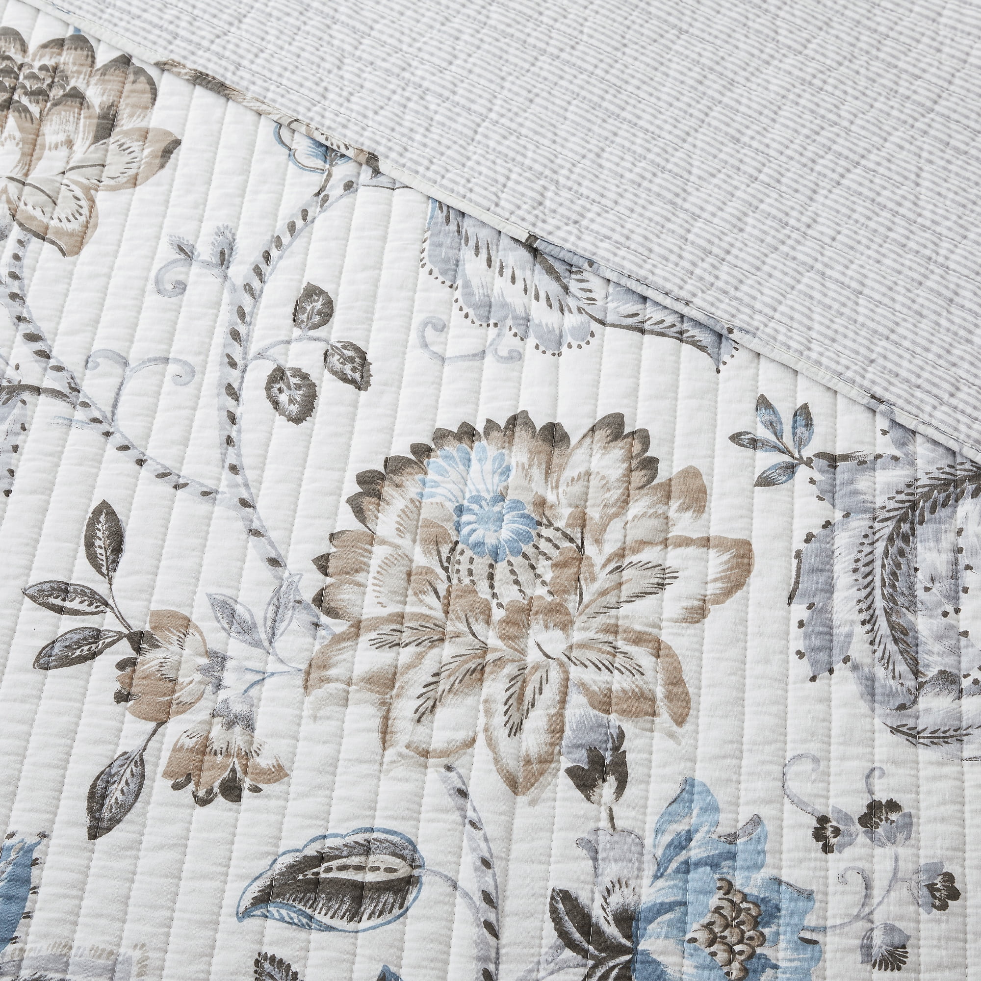 Levtex Home - Maileen Neutral Blue Quilt Set - King Quilt and Two King Shams - Floral - Taupe Blue and Cream - Quilt (106x92in.) and Shams (20x36in.) - Reversible - Cotton