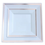 Exquisite Wedding & Party Dinnerware, Disposable Plastic Square Dinner Plates (9.5 Inch) - White with Rose Gold Rim - 40 Pack