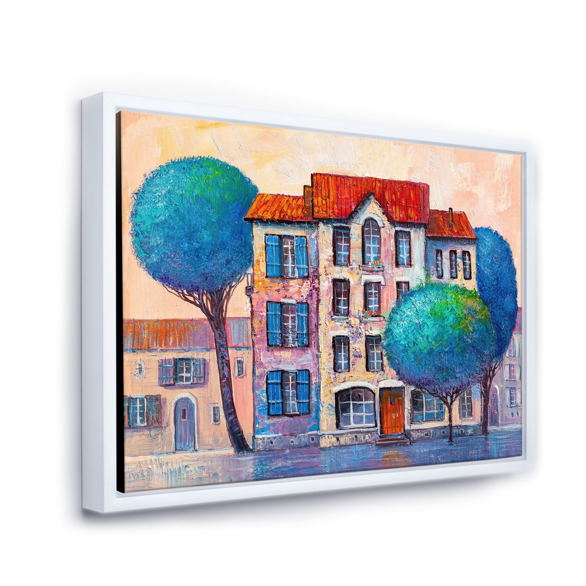 Designart 'Colorful Autumn Trees and A House With Red Roof' Modern Framed Canvas Wall Art Print