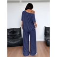 thumbnail image 5 of Women'S 2 Piece Travel Outfits Casual Short Sleeve Knit Sweater Set Wide Leg Pants Lounge Sets Dark Blue L, 5 of 8