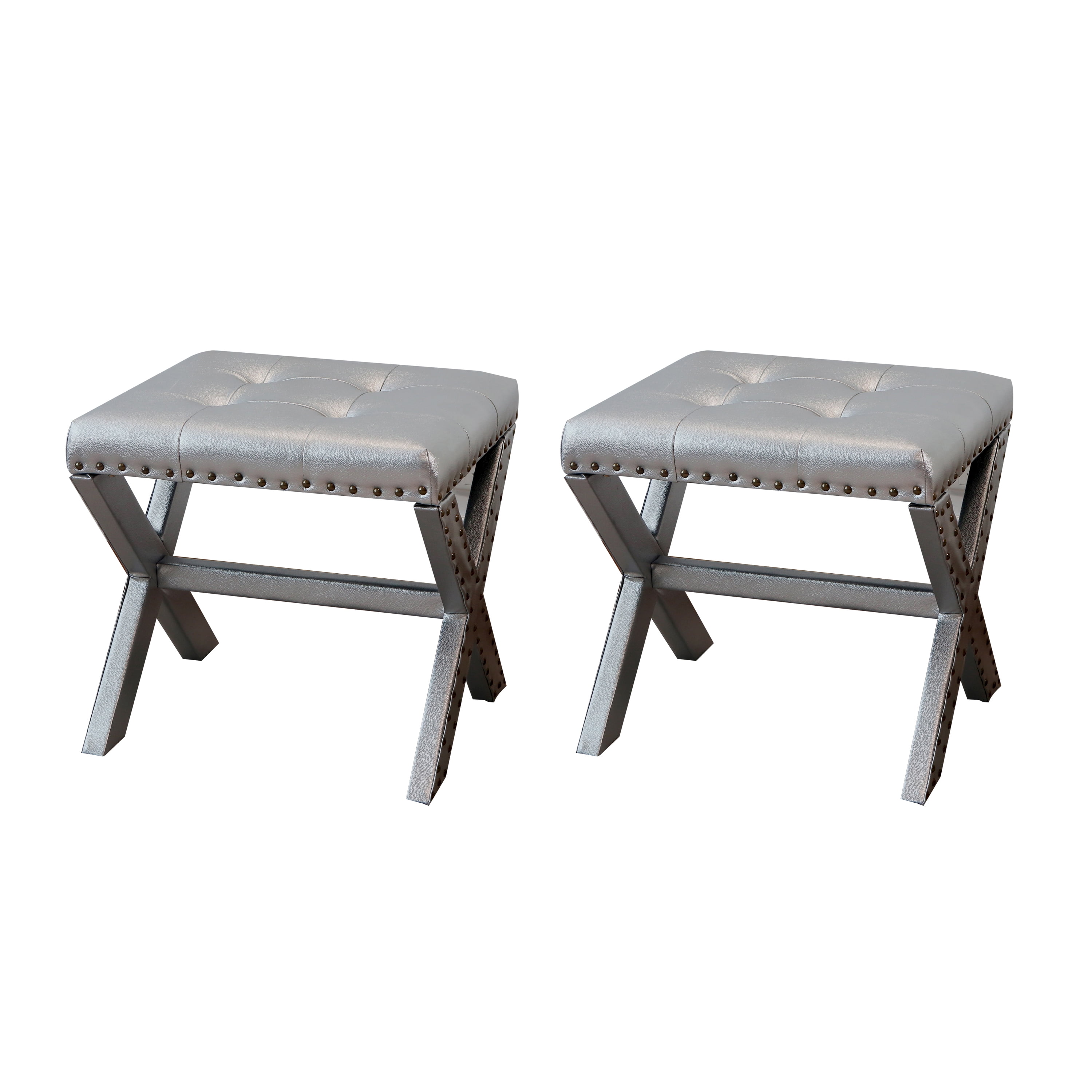 20" Chic Silver Polyester Vanity Stool with Nailhead Trim, Set of 2