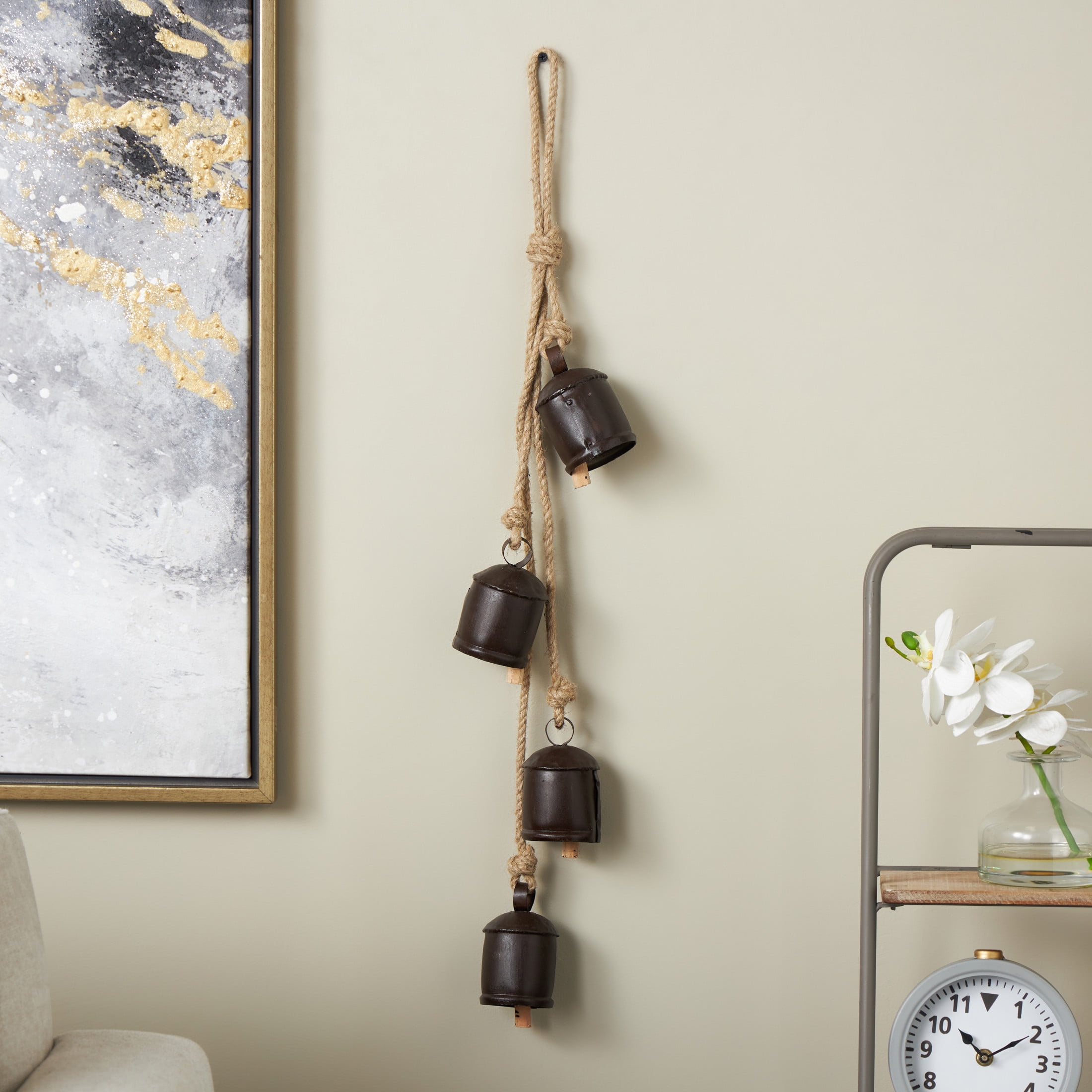 DecMode Tibetan Inspired Cascading Dark Brown Metal Cylindrical Decorative Bells with 4 Bells on Jute Hanging Rope