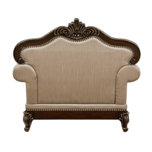 Traditional Chair - Cherry Finish with Gold Tipping, Faux Crystal-Tufted Brown Chenille Fabric, and Toss Pillow