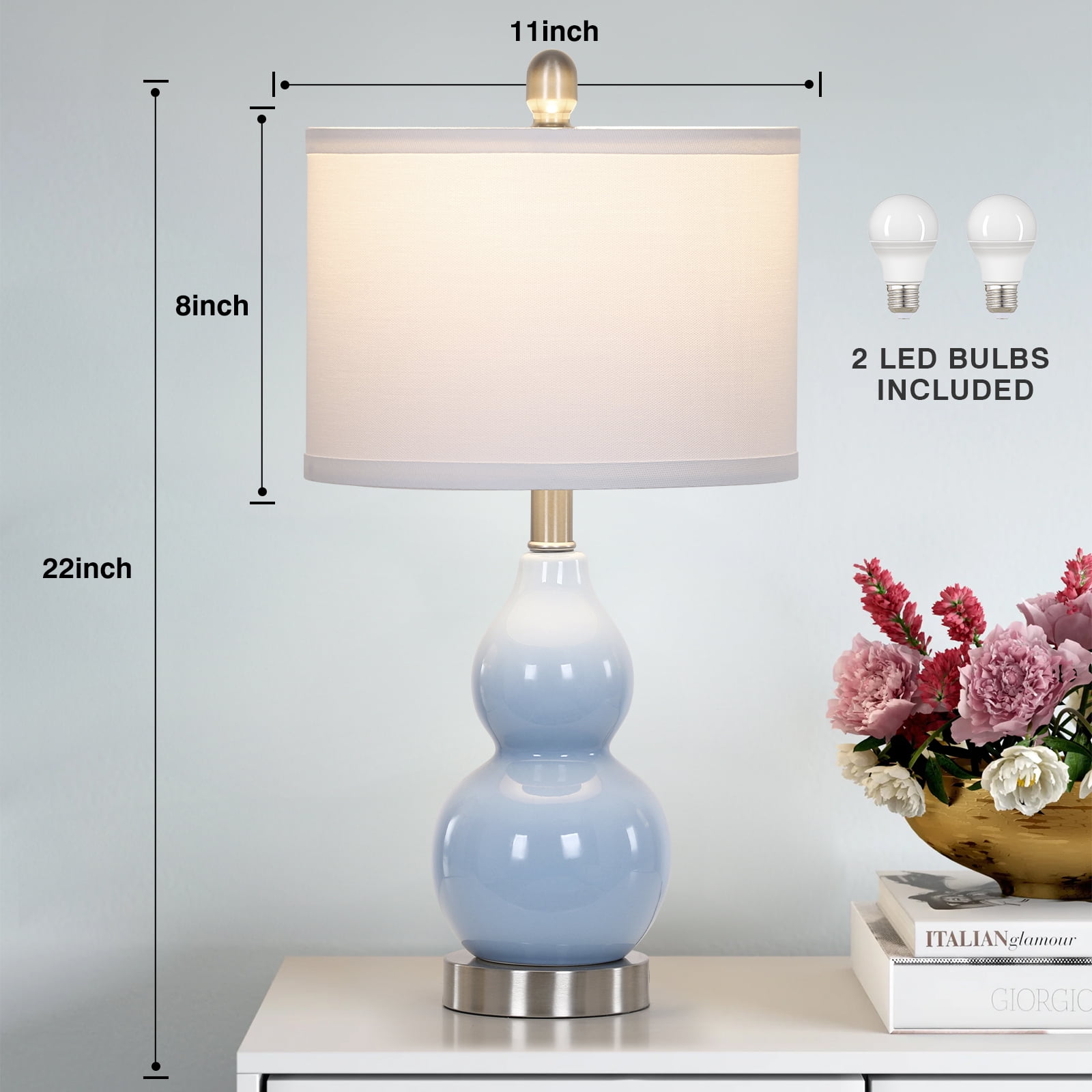 Cinkeda Ceramic Table Lamp Set of 2 for Bedroom Living Room 22" Modern Blue Double Gourd Nightstand Bedside Lamps