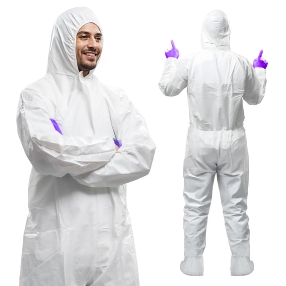 Disposable Coveralls with Hood and Boots, 60 GSM White, 25 pack, Small, Zipper Front