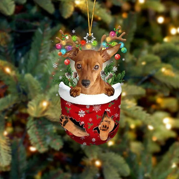 Acrylic 2D FLAT Miniature Pinscher In Snow Pocket Christmas Ornament 1