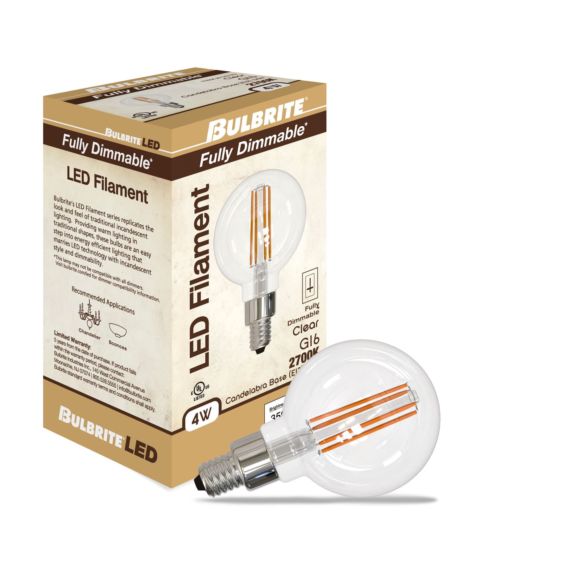 Bulbrite 862874 2700K 350 Lumen 4 watt LED Filament Dimmable G16 Light Bulbs with a Clear & Candelabra E12 Base, Warm White - Pack of 4