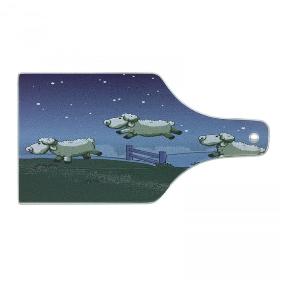 Cartoon Cutting Board, Counting Sheep to Sleep Fluffy Farm Animals over the Fence, Decorative Tempered Glass Cutting and Serving Board, in 3 Sizes, by Ambesonne