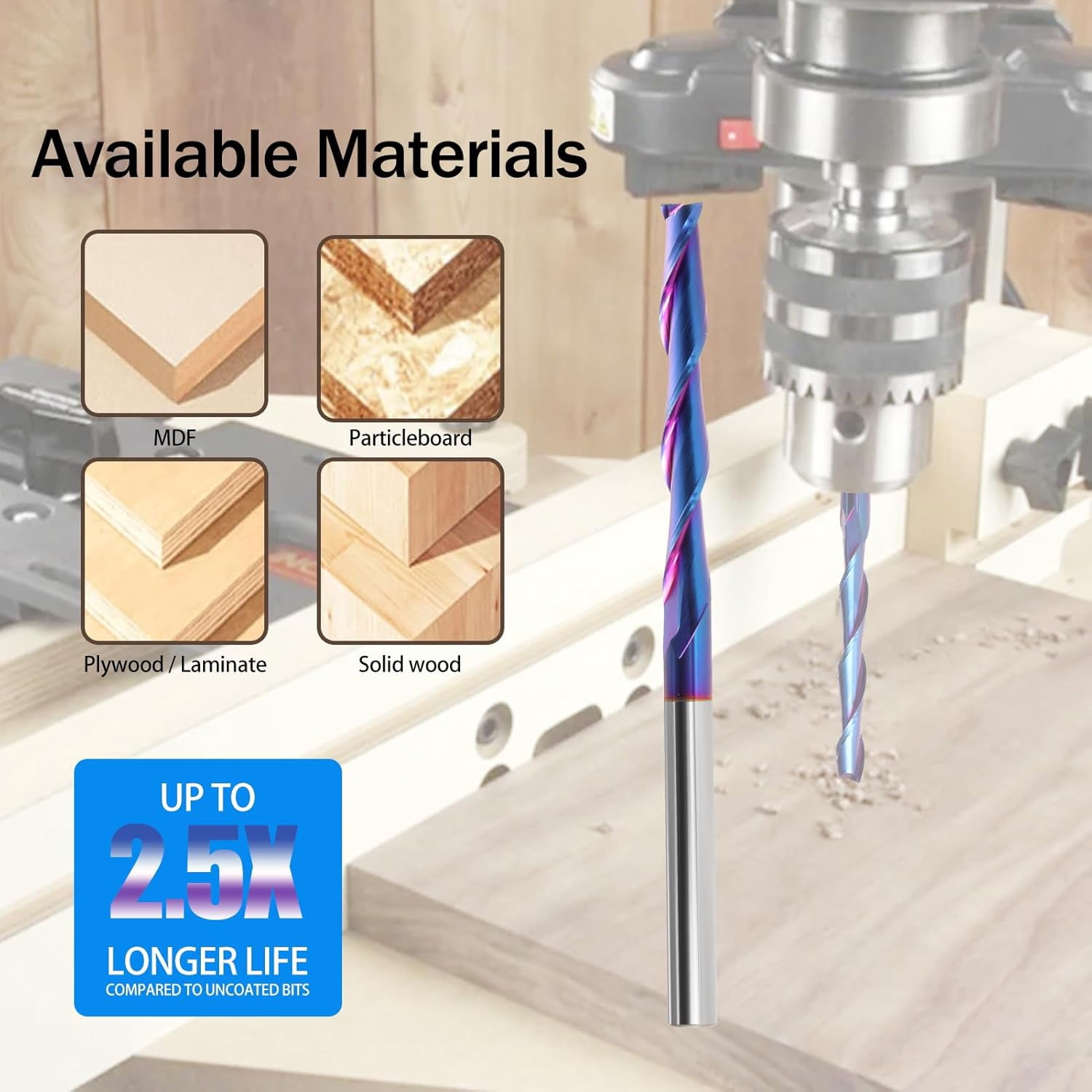 ABPETE Extra Long CNC Spiral Router Bits Up Cut 1/4 inch Shank, 2 inch Cutting Length，1/4 Carbide End Mill, 4 Inch Total Length Nano Blue Coated Spiral CNC Router Bit for Wood Carving