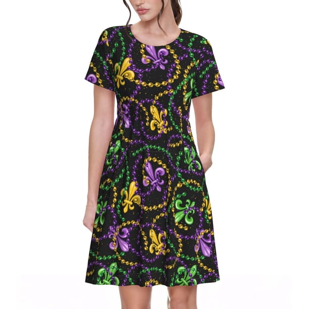 Easygdp Mardi Gras6 para Vestido Transpirable de Mujer, Vestido Suelto de Manga Corta con Pliegues y Bolsillos para el Verano