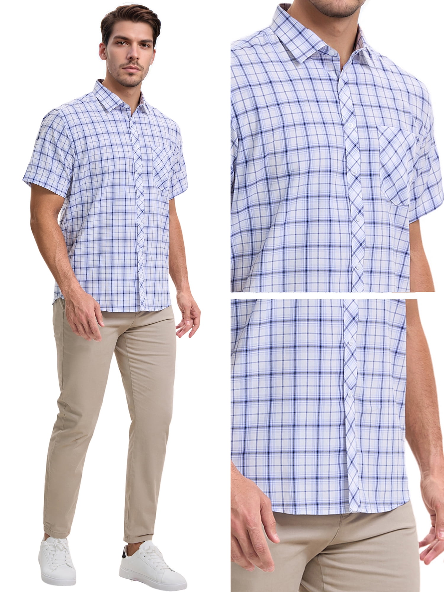 DARING DIVA Men's Plaid Short Sleeved Button Down Business Checked Dress Shirt XL Blue