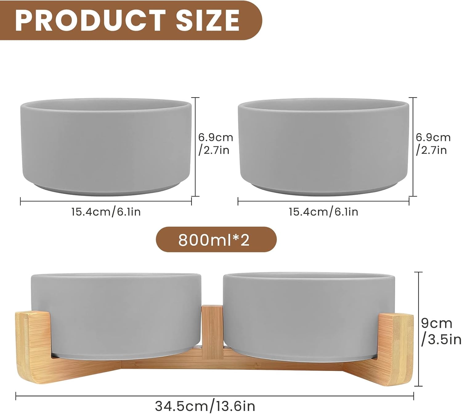 Ceramic Dog Bowls,Dog Bowl Set With Acacia Wood Stand - 13.5oz Ceramic Puppy Bowls For Small Dogs, Dual Food And Water Bowls With Weighted Non-Slip Base