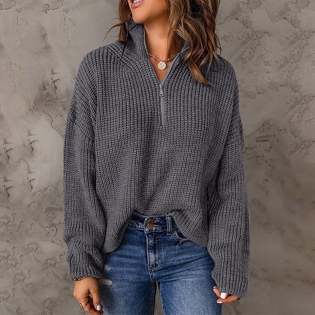 Hamky Chandails pour Femmes Chandails à Enfiler Chandails pour Femmes Tricoté Manches Longues Chandail à Fermeture Éclair 1/4 Col Roulé pour Femmes Hauts à Col Roulé Chandails d'Automne Gris P