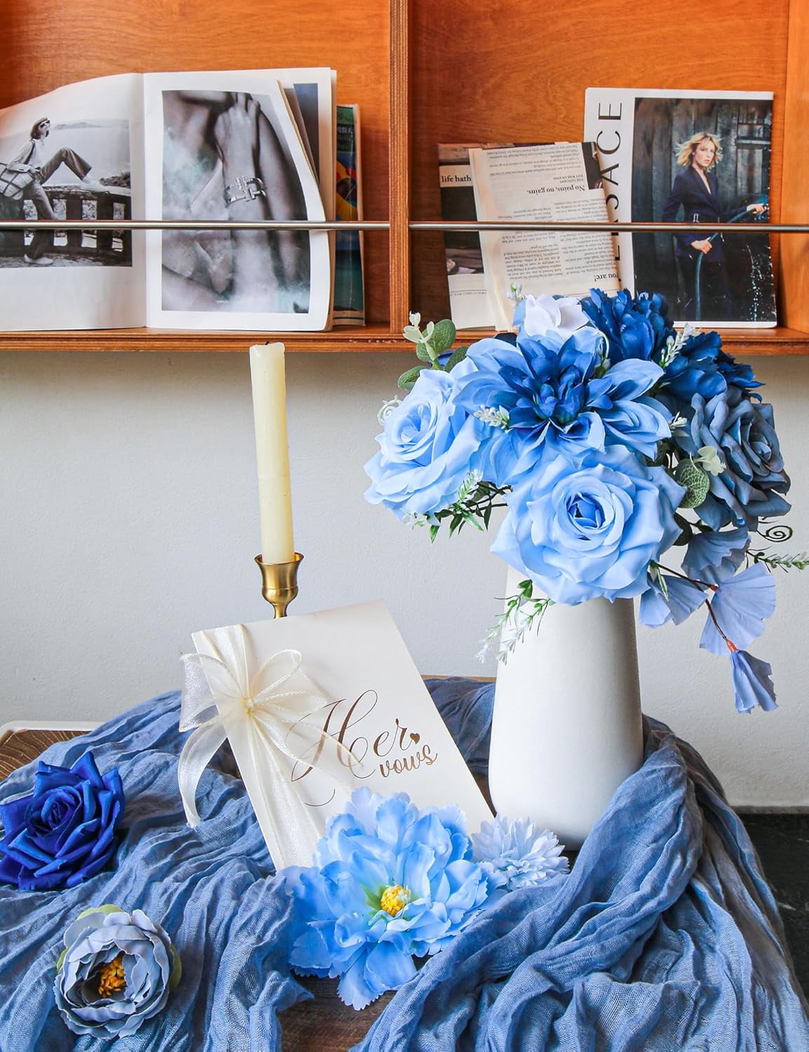 Artificial Flowers for Home Decorations: Blue Silk Fake Flowers Bulk Boxed Set, Peony Roses Bouquets with Stems for Table Centerpiece, DIY Wedding, Bridal Shower, Graduation Cap & Tea Party