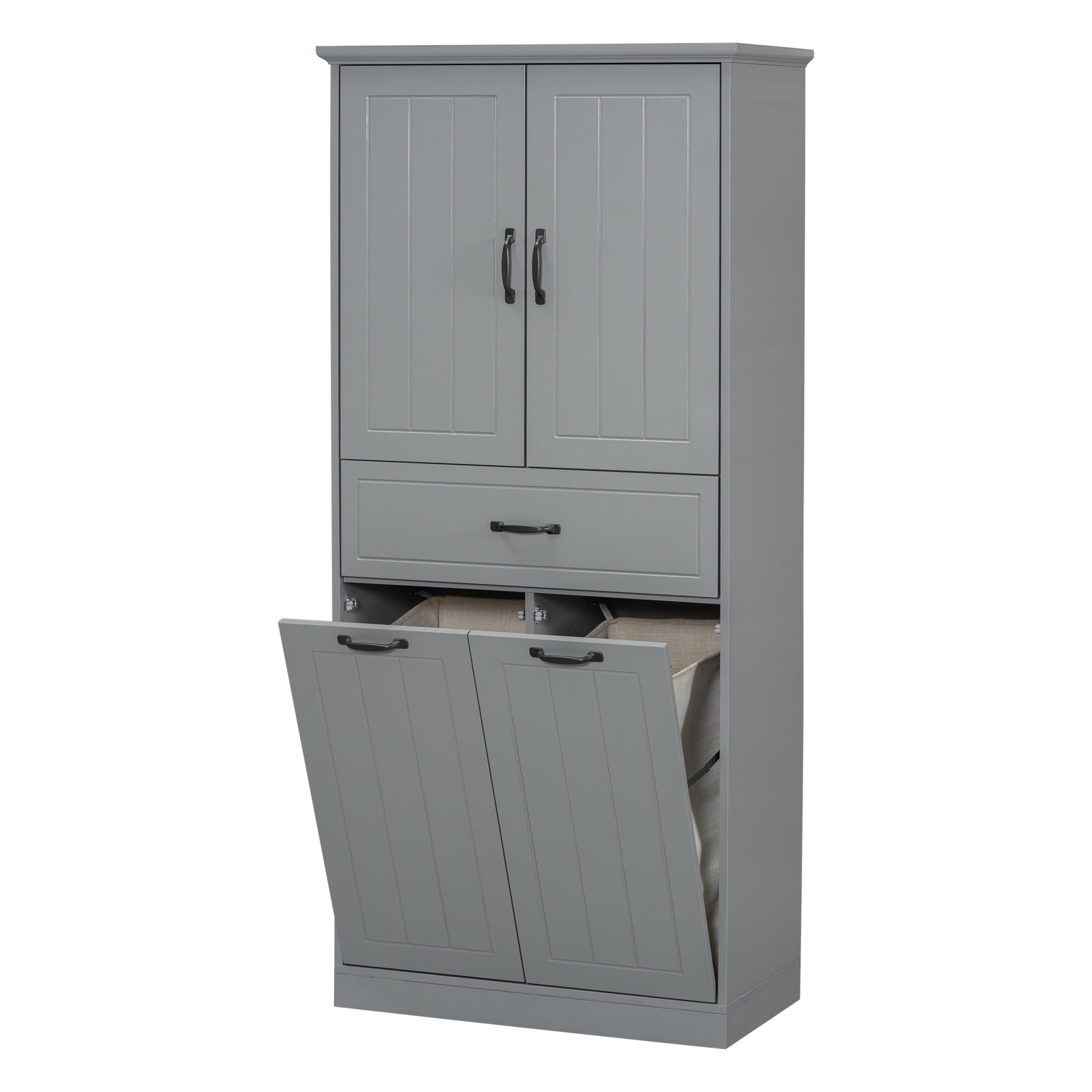 Lennox Modern 30" Tall Bathroom Storage Cabinet with Adjustable Shelves, Laundry Baskets, Grey