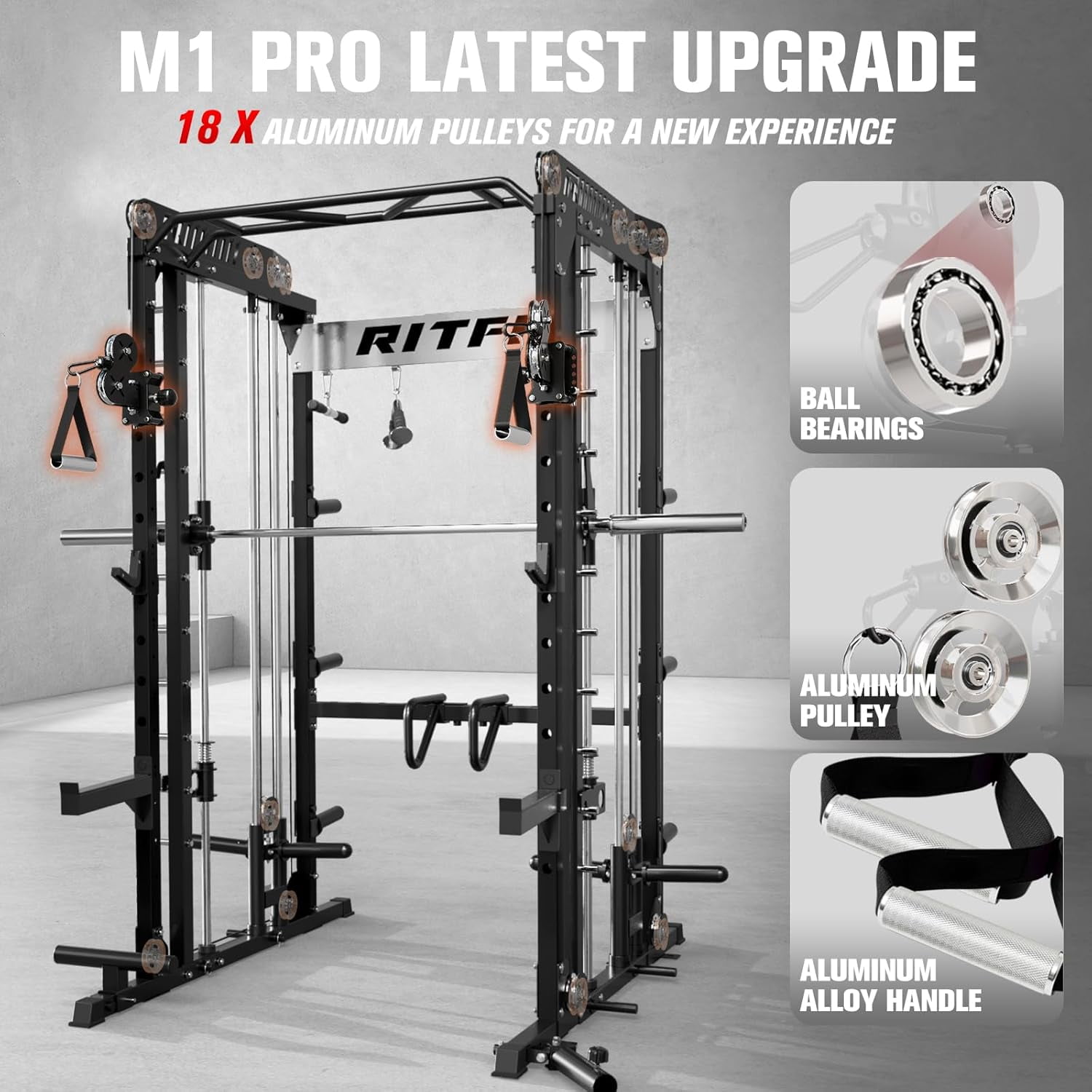 RitFit M1 Pro Smith Machine with Cable Crossover System, Multi-Function Squat Rack Power Cage for Home Gym, Power Rack and Packages Black（bp260 Pink Package)