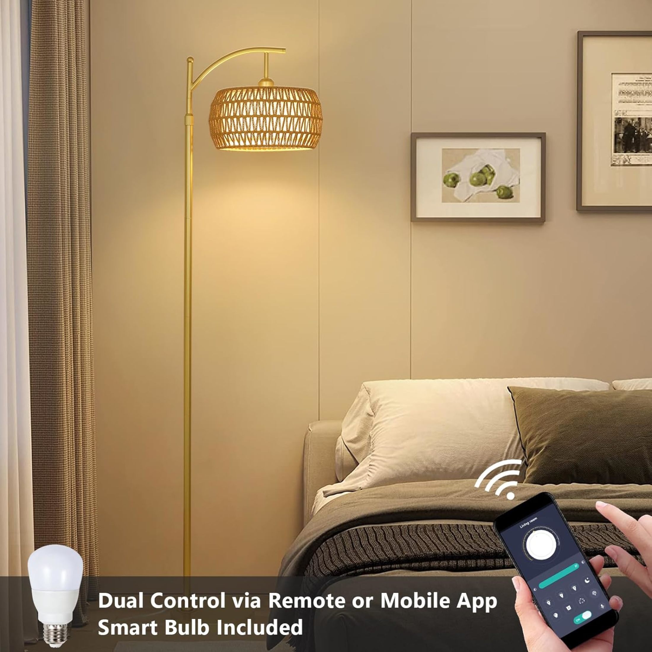 Noble House Modern Rattan Floor Lamp, Remote Dimmable, Adjustable Tall & Color Temperatures, Arc Drum Shade, Gold