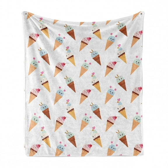 Ice Cream Soft Flannel Fleece Throw Blanket, Tasty Cold Summer Treats Foods on Cones Kawaii Style Illustrated Pattern, Cozy Plush for Indoor and Outdoor Use, 50" x 60", White Multicolor, by Ambesonne