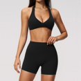 thumbnail image 2 of Telankuip Womens 2 Piece Workout Gym Outfits Tummy Control High Waist Stretch Seamless Tight Shorts Matching Sleeveless Deep V-Neck Halter Yoga Bra with Padded Casual Sports Sets 3-Black XL, 2 of 5