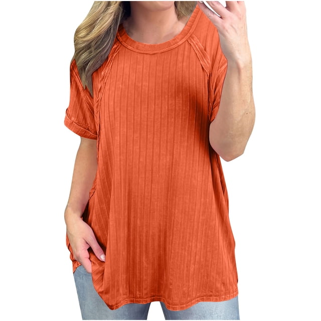 Timegard Hauts à Manches Courtes pour Femmes Col Rond Côtelé Confortable Décontracté Ample Longue Chemise Haut Blouse Surdimensionnée