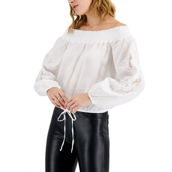 INC International Concepts Womens Linen Off The Shoulder Blouse Bright White XS