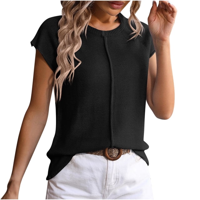 AherBiu Hauts en Tricot pour Femmes Manches Courtes Blouse Décontractée Habillée Col Rond Pull Ample Couleur Unie