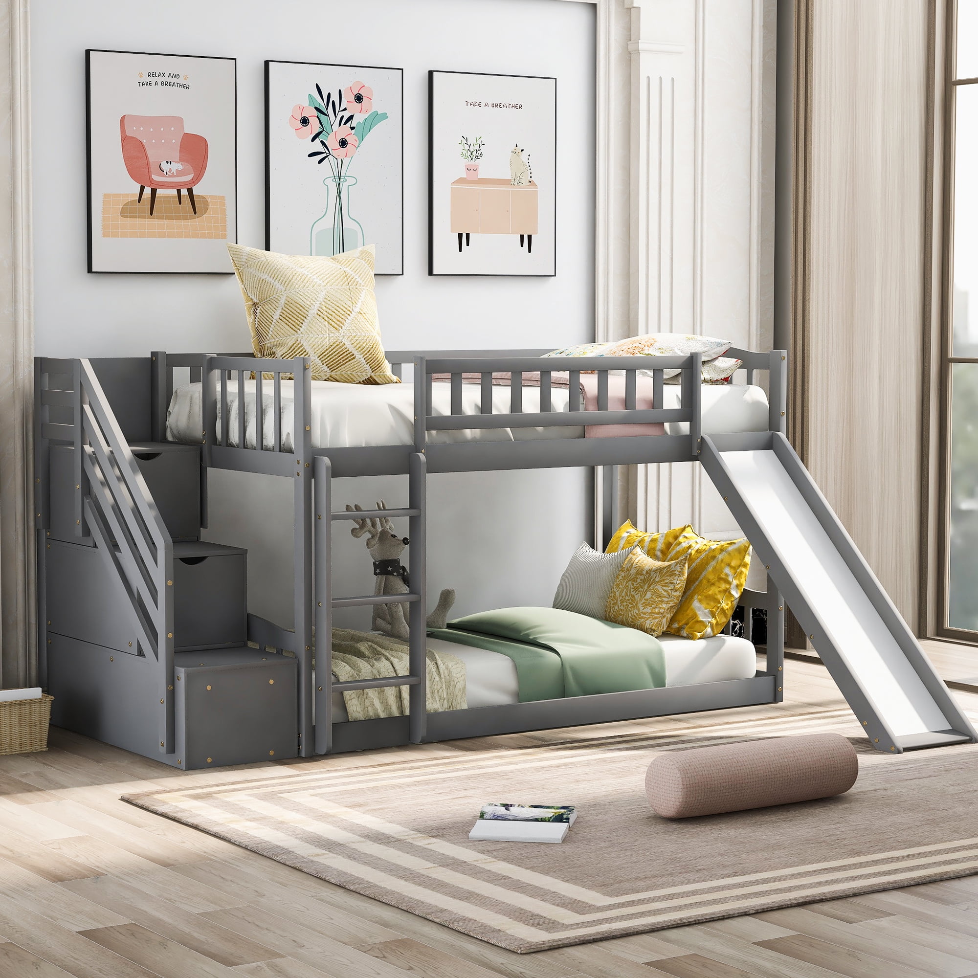 Aukfa Twin Over Twin Floor Bunk Bed with Convertible Slide and Ladder