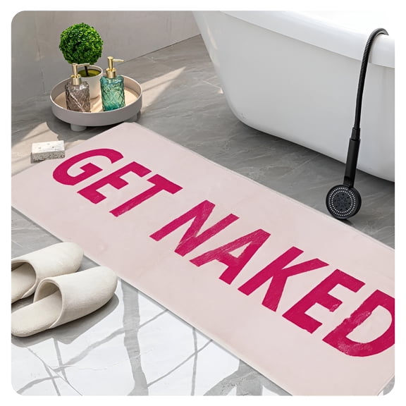 XIBUFE Get Naked Bath Mat,Cute Long Hot Pink and White Runner Rug,Absorbent Non Slip Bathroom Mat,Funny Bathroom Decor for Bedroom Hallway Kitchen,Soft Plush Washable Shower Rug 16"