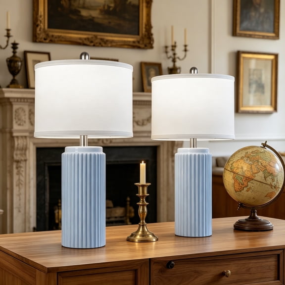 23.5’’ Sky Blue Farmhouse Table Lamps for Living Room Set of 2, Modern Elegant Ceramic Bedside Nightstand Lamps with White Linen Shade for Bedroom, Coastal Lamps Set for Study Home Office