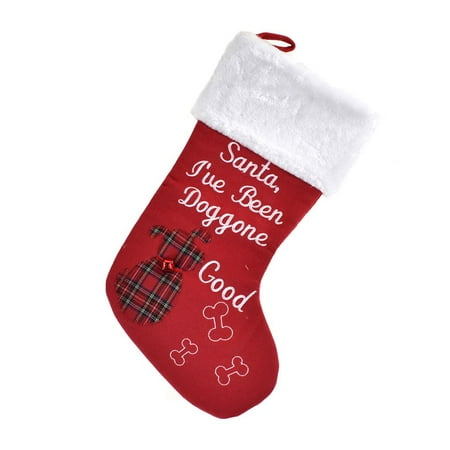New Fur Felt - Plaid Dog with Bell Felt Christmas Stocking with Faux Fur Cuff, Red, 17-1/2-Inch
