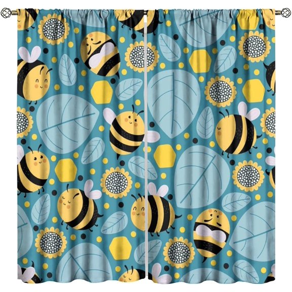 Bee Curtain Cartoon Cute Bees Green Leaves Pattern for Kids Room Decoration Blackout Print Rod Pocket Window Drapes for Bedroom Living Room 42x63in