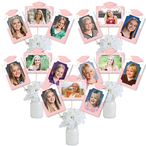 Big Dot of Happiness Pink Graduation Photo Display Centerpiece Kit, 15 Photo Table Topper Sticks, Rose Gold Vertical and Horizontal 4x6 Picture Holders, DIY Grad Party Decoration Set