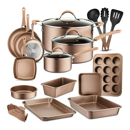 20-Piece Nonstick Kitchen Cookware Set - PTFE/PFOA/PFOS-Free Heat Resistant Kitchen Ware Pots Baking Pan Set w/ Saucepan, Frying Pans, Cooking Pots, Oven Pot, Lids, Matt Gold NutriChef