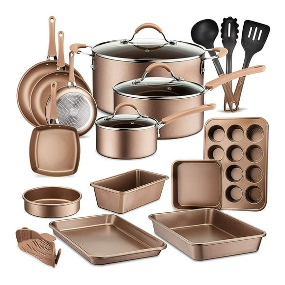 NutriChef Metallic Nonstick Ceramic Cookware and Bakeware Set, Bronze