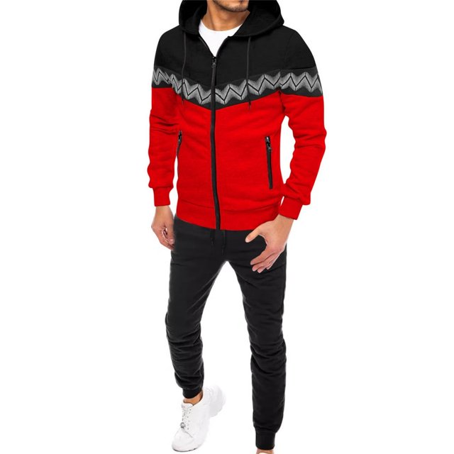 Men‘s Striped Stitching Zipper Sweatshirt Hooded Jacket Sweater Set