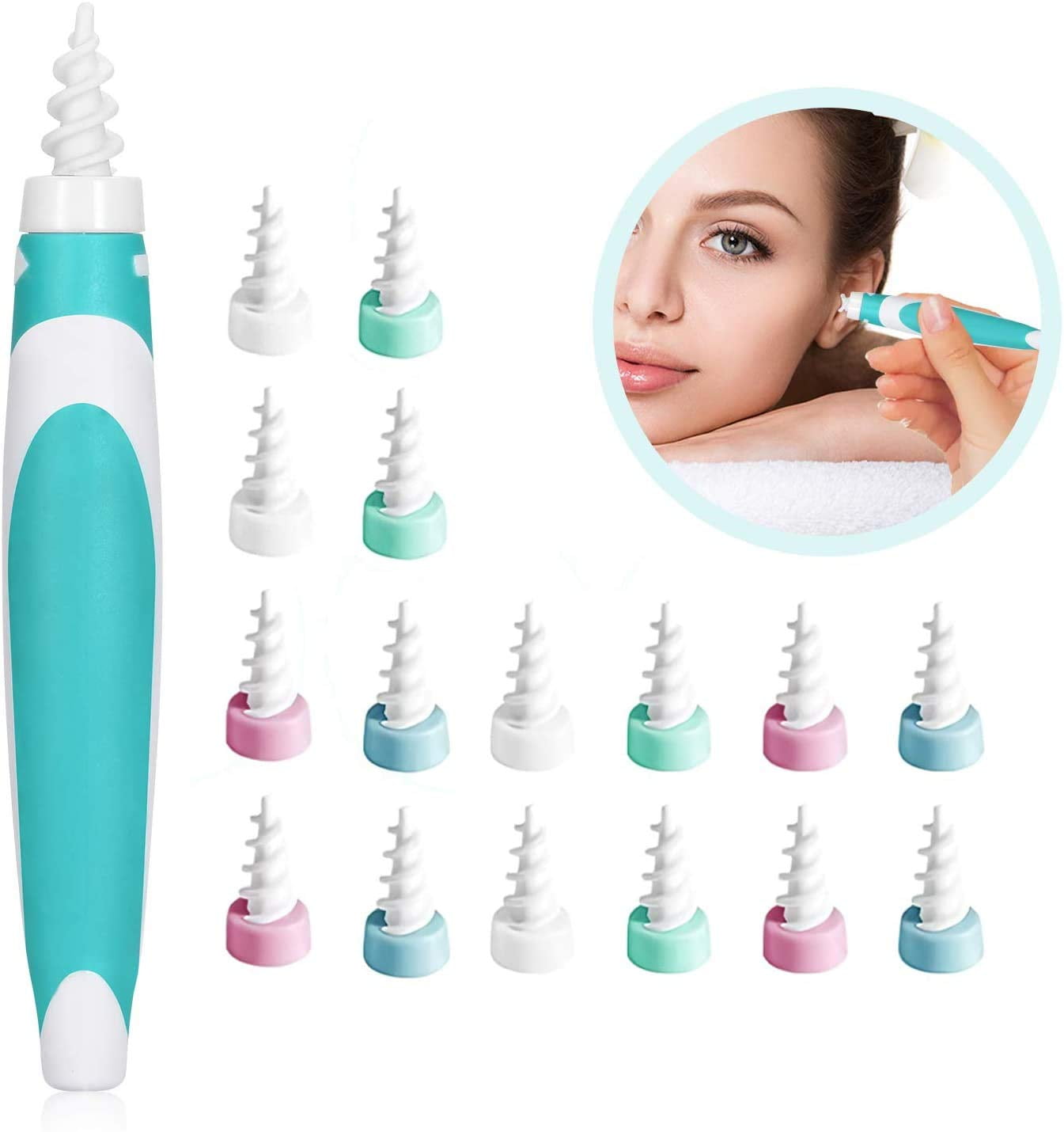 Ear Cleaner Ear Wax Remover, Q Grips Ear Cleaner with 16 Replacement Heads, Safe and Soft, 360 Degree Spiral Silicone, Suitable for Children, Teenagers and Adults